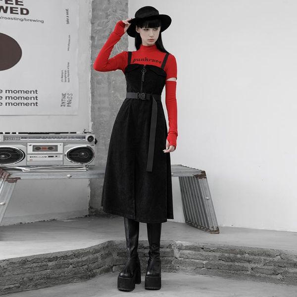 

casual dresses punkrave women's punk half dress workwear style removable belt twill velvet warm long, Black;gray