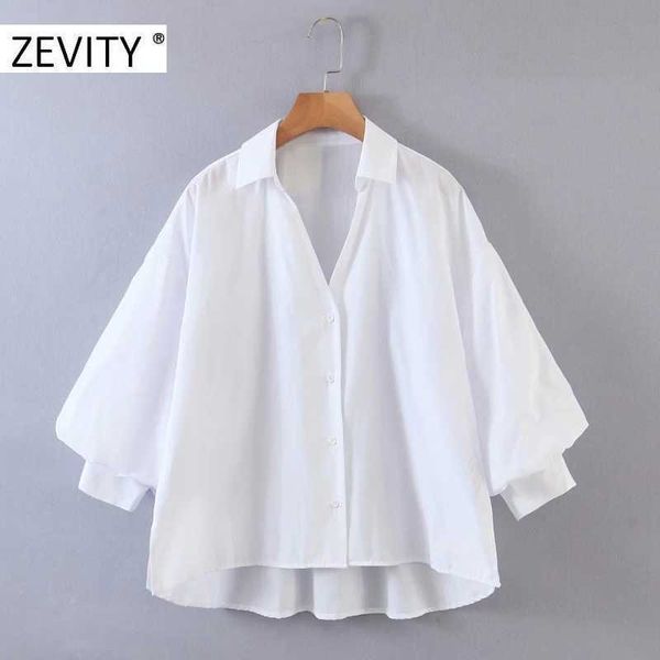 

zevity women fashion lantern sleeve solid casual loose smock blouse shirts women single breasted poplin blusas chic ls7076 210603, White