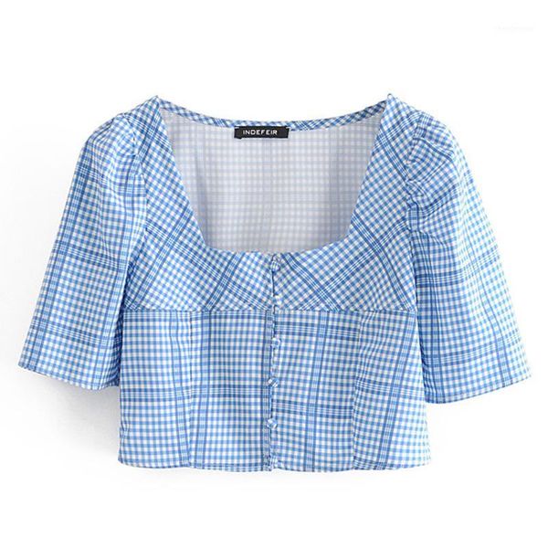 

women's blouses & shirts elina sweet slim square collar women fashion blue plaid printed elegant short sleeve female ladies et, White