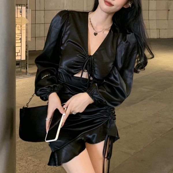 

casual dresses french vintage temperament puff long sleeve v-neck dress women korean fashion hollow out drawstring female robe vestido, Black;gray