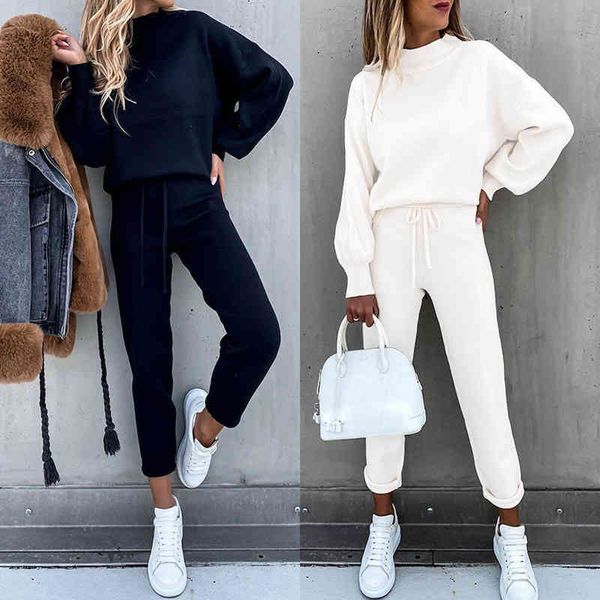 

women's two piece pants sportswear 2-piece sweatshirt casual white streetwear fall/winter fleece sports sweater suit pullover drawstrin