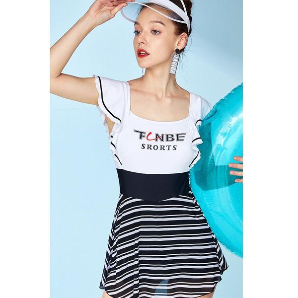 

one-piece suits swimsuit female color matching conservative cover belly slimming girl spring open back skirt