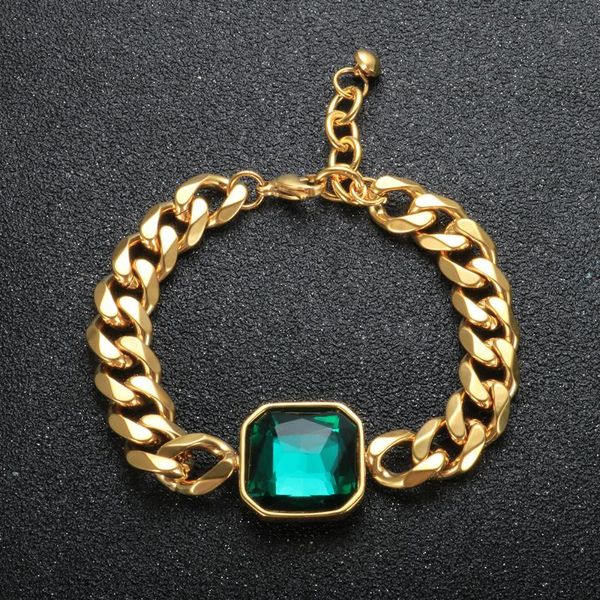 

charm bracelets stainless steel luxury green crystal bracelet 18k gold plated thick chain for women fashion jewelry gifts, Golden;silver