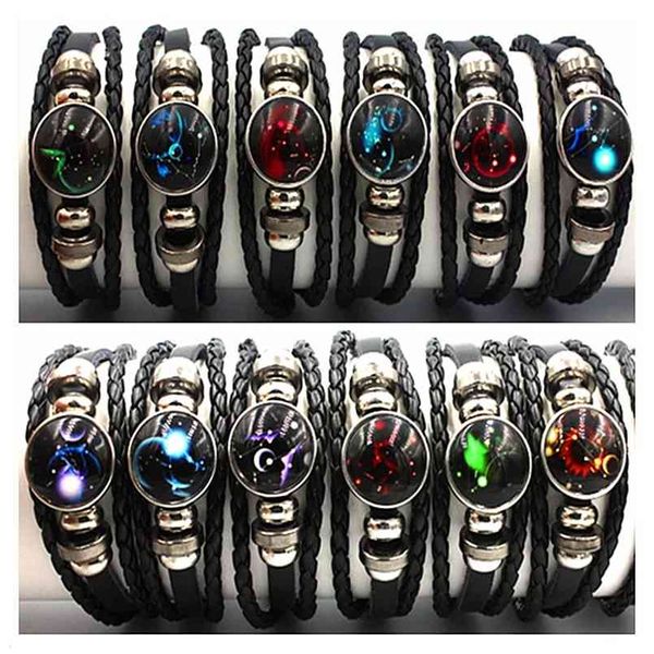 

mixmax 12pcs/set 12 constellations luminous handmade leather bracelets snaps bangles jewelry glow in the dark 210918, Black