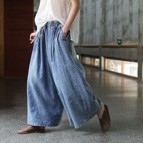 

women of high waist retro women's spring summer cotton jeans 2021 denim pants wide leg, Blue