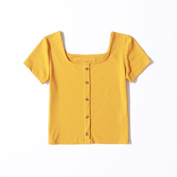 

summer women's t-shirt casual solid color square collar short sleeve slim 210430, White