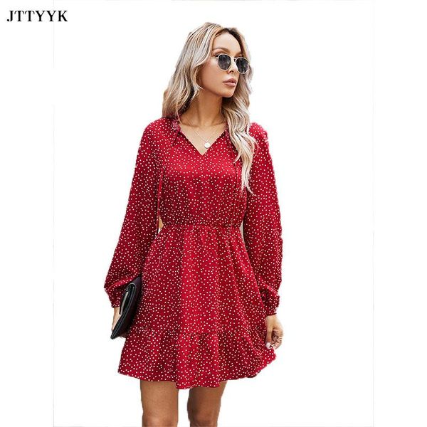 

casual dresses autumn winter polka dot print dress women 2021 lace up v neck full sleeve slim, Black;gray