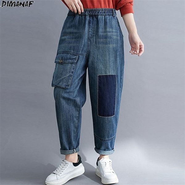 

women jeans pants plus size patchwork harem pocket blue denim female elastic waist loose casual 210531