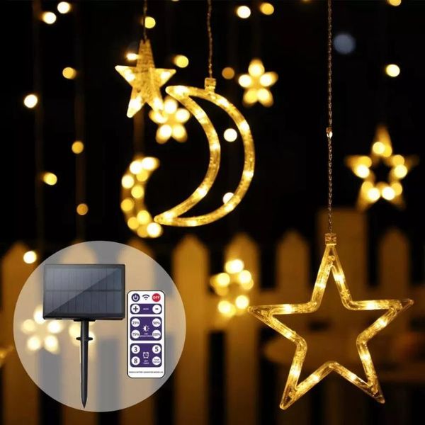 

solar panel curtain light stars moons 138led string outdoor remote waterproof decorate christmas party garden led strings
