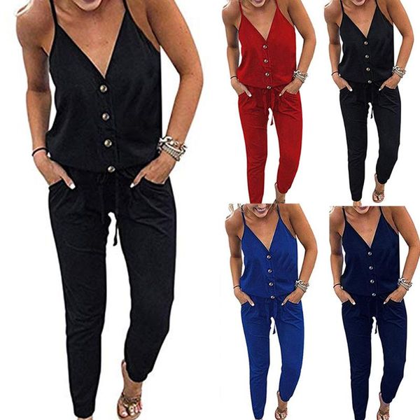 

women's jumpsuits & rompers womens sexys v neck sling drawstring elastic waisted long pants -opk, Black;white