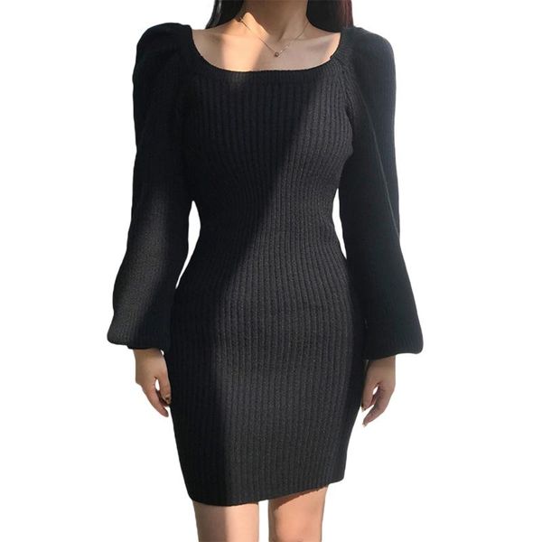 

casual dresses women fashion solid color short dress square collar puff sleeve knitted skinny, Black;gray