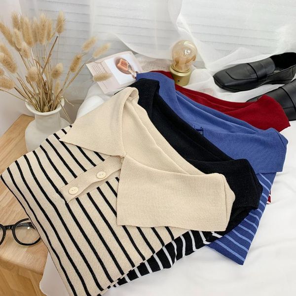 

women's t-shirt 2021 summer clothing casual lapel short sleeve stripe cotton sweater loose thin girl fashion daily coat, White