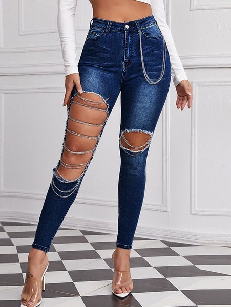 

high waist cut-out chain skinny jeans y6of#, Blue