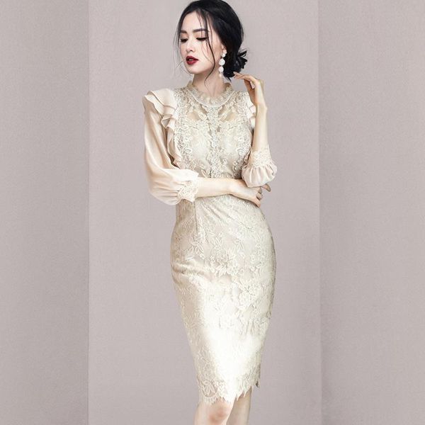 Casual Kleider Spitze Patchwork Herbst Mini Kleid Frauen Koreanische Elegante Hohe Taille Party Häkeln Floral Mantel Bodycorn Büro Dame D172