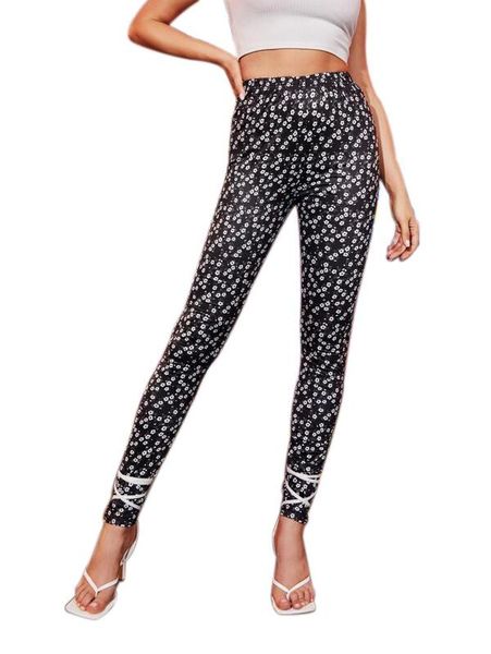 

women's leggings sports pants high-waist trousers party floral jogger slimming tight wrapped bottoms, Black