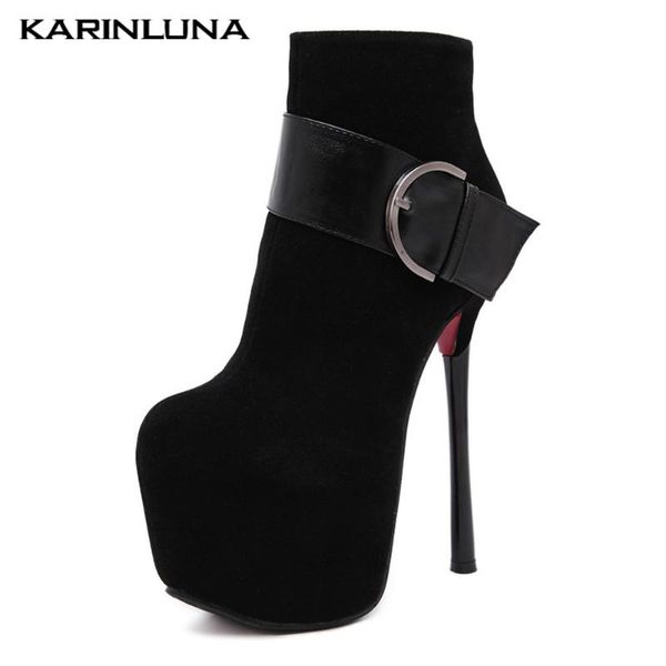 

boots high heels autumn winter large size 34-40 women shoes party thin buckle straps flock platform short plush ankle, Black