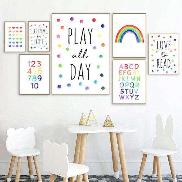

paintings watercolor rainbow alphabet playroom decor educational poster kids wall art canvas prints neutral nursery decoration