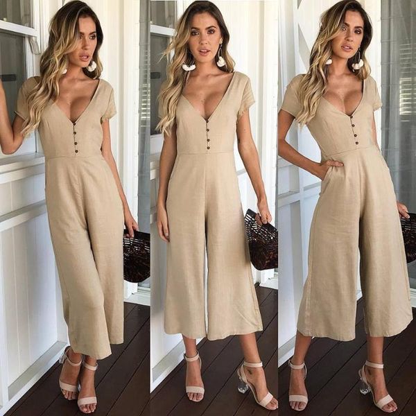 

women's jumpsuits & rompers v neck women jumpsuit wide leg pants casual button female long playsuit 2021 short sleeve summer overall bo, Black;white