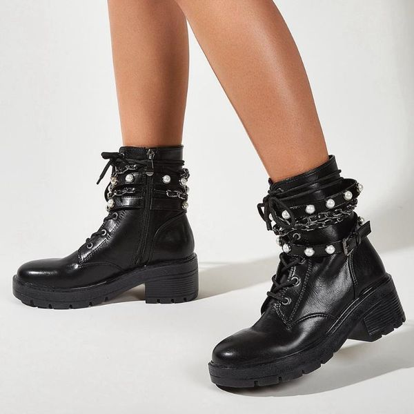 

boots ribetrini cool chic skidproof rubber sole buckle chains pearls chunky heels motorcycles stylish winter shoes women, Black