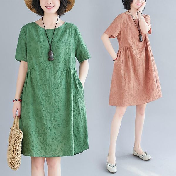 

casual dresses artistic fresh jacquard cotton and linen short-sleeved dress 2021 summer loose slimming pleated midi women, Black;gray