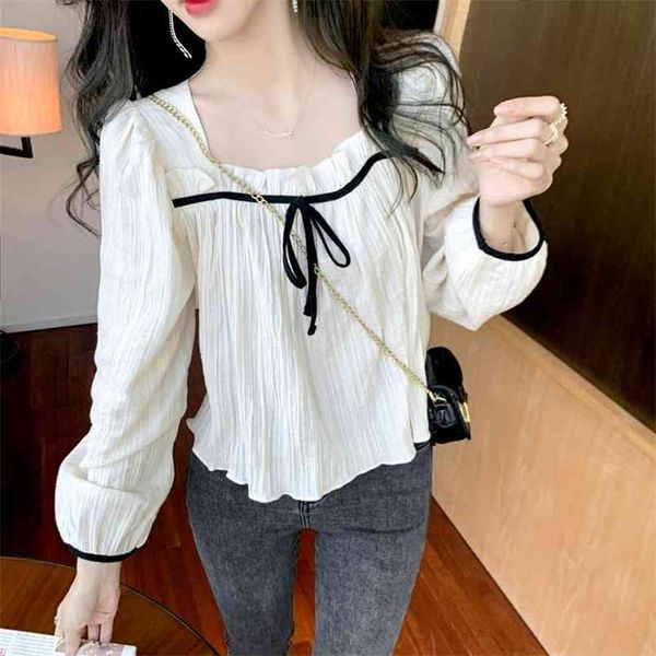 

the women's square collar fashion chiffon blouses sweet small fresh long sleeves shirt 210507, White