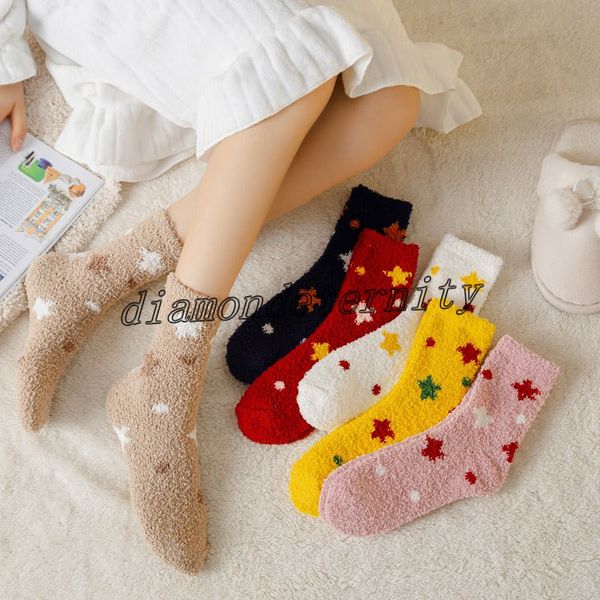 

women fashion accessories coral fleece sock star pattern warm no-slip floor socks soft plush middle-tube autumn winter floor slipper socks, Silver