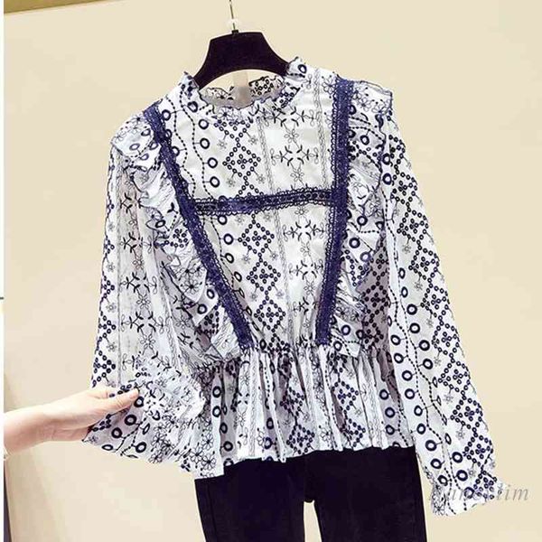 

blouses fashion print shirt woman spring ruffled stand collar chiffon slim fit elegant ladies blouse blusas mujer de moda, White
