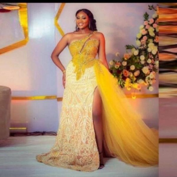 

party dresses one shoulder aso ebi prom lace appliques sequins high side split evening gowns tulle train plus size women dress, White;black