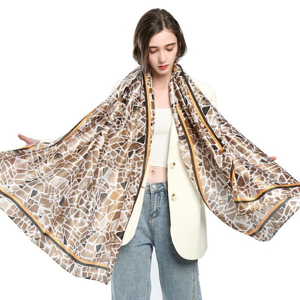 

scarves 2021 spring and summer high-grade thin silk scarf shawl satin color block splicing geometric printing, Blue;gray