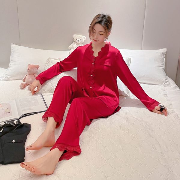 

women's sleepwear lisacmvpnel ice silk pajamas spring and autumn long sleeve two-piece suit cardigan lace pajama set ygjp, Black;red