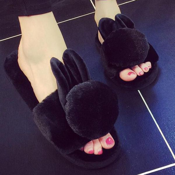 

slippers winter woman warm cotton cute cartoon home ears women's shoes zapatillas mujer sy742, Black
