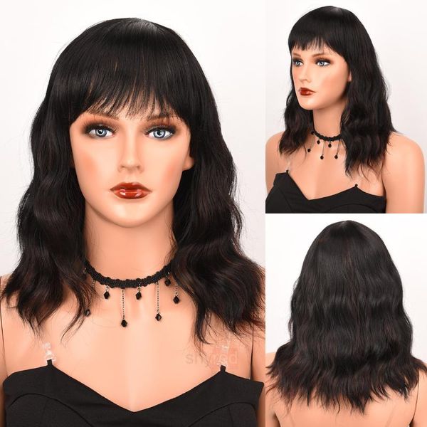

synthetic wigs natural wave wig women bob black brown mix with bangs short for cosplay hair heat resistant fiber