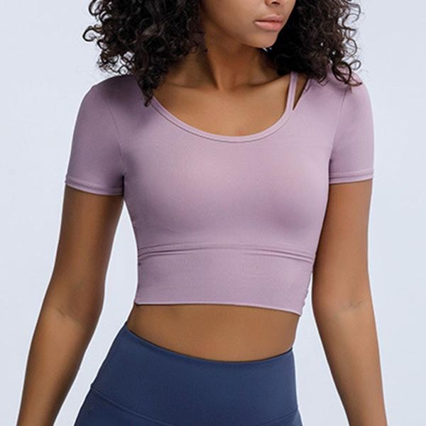 

yoga outfit tight shirts women short sleeve cropped gym fitness running workout sport t-shirts sports wear