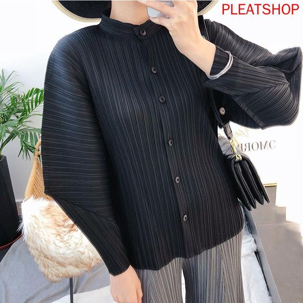 

women's jackets 2021 spring clothing miyake pleated long sleeve mutton buckle loose and plus-sized slimming elegant slim fit blouse, Black;brown