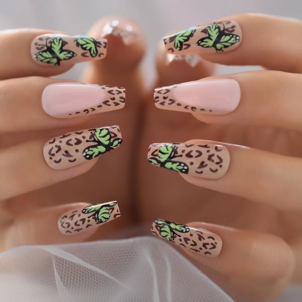 

false nails coffin butterfly press on with design in long length ballerina set european and american nail art tips acrylic, Red;gold