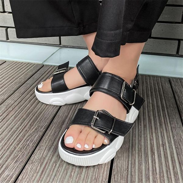 

sandals pxelena cool street gothic flat platform women buckle ankle strap punk casual comfort daily beach shoes plus size 34-46, Black