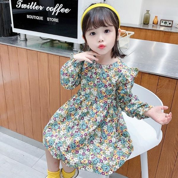 

girls' dress european american autumn flared sleeves floral doll collar princess party children kids clothing girl's dresses, Red;yellow