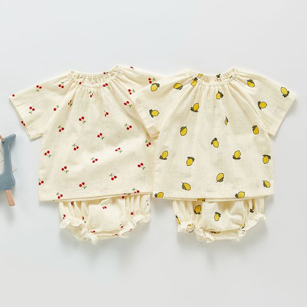 

0-3yrs summer children short sleeve lemon cherry t-shirt + shorts suit 2pcs kids baby girl clothes suit infant baby girl sets, White