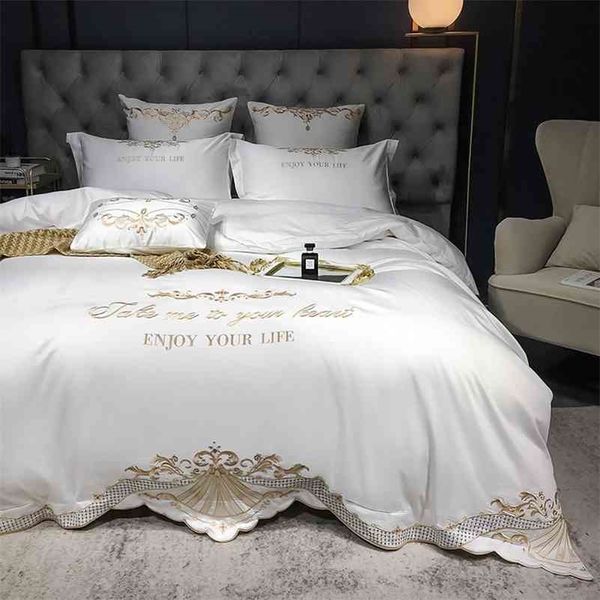 Lusso Bianco 600TC Cotone Egiziano Royal Ricamo Biancheria Da Letto Set Copripiumino Lenzuolo Biancheria Da Letto Federe 4 pz #/L 210706