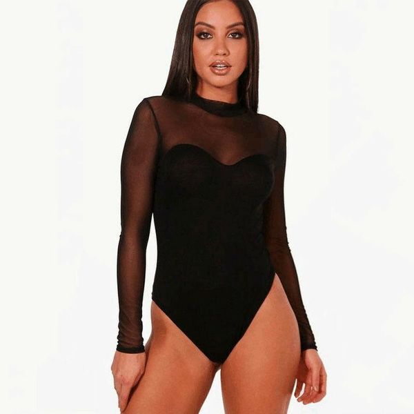 

women's jumpsuits & rompers women mesh see-through bodysuit, Black;white