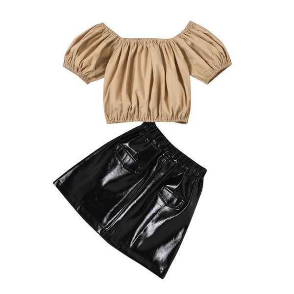 

clothing sets 1-6y girls fashion summer clothes set puff short sleeve t-shirts +pu leather a-line skirts holiday kids, White