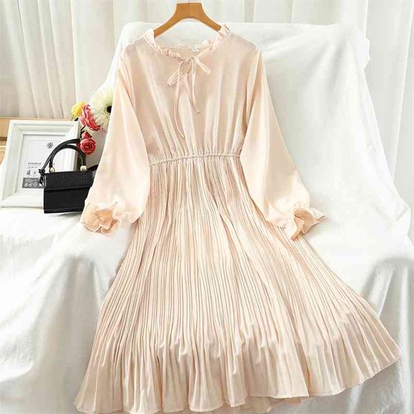 

autumn winter sweet lady ruffled high waist fairy midi dress elegant women puff sleeve pleated 210430, Black;gray
