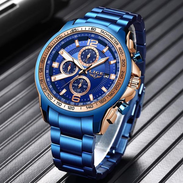 

wristwatches 2021lige mens watches military sport stainless steel waterproof watch men quartz chronograph relogios masculin, Slivery;brown
