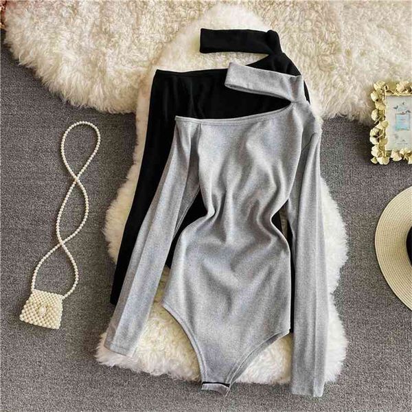 

women solid knitted bodysuit halter neck one shoulder long sleeve skinny jumpsuit chic off shoulder body bodysuits 210720, Black;white