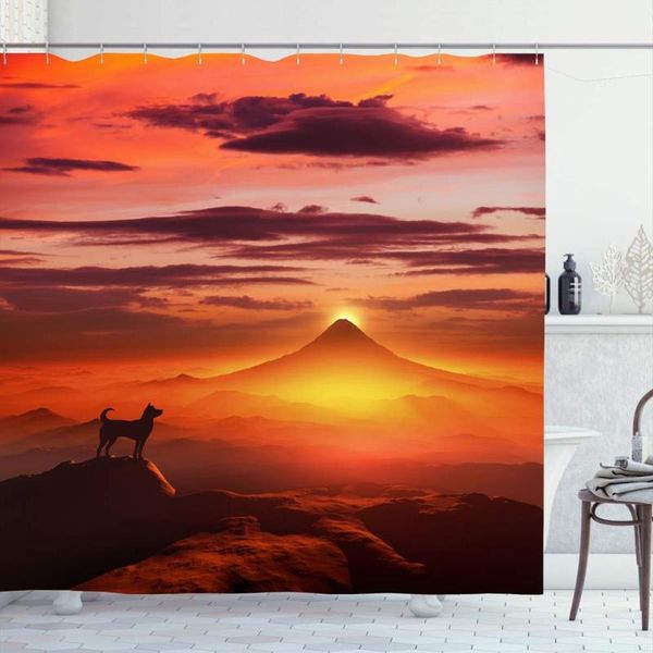 

landscape shower curtain dog and sunset bathroom decor polyester fabric bathtub with hooks mildew resistant waterproof curtains