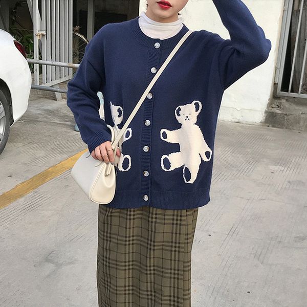 

autumn and winter japanese style cartoon bear knittd sweater cardigans womens sweaters womens (f1416), White;black