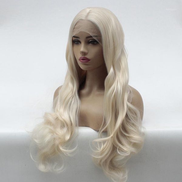 

platinum blonde lace front wig natural long wave white color synthetic wigs middle parting heat resistant fiber cosplay hair1, Black