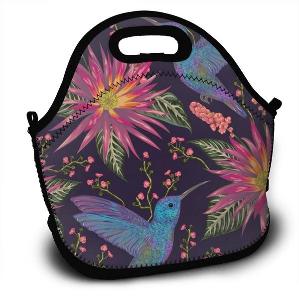 

lunch bag tropical hummingbird flowers berries and leaves insulation cold thermal convenient leisure organizer, Blue;pink
