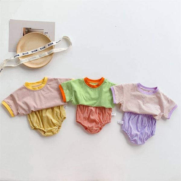 

clothing sets 2pcs toddler girl boy summer outfit stripe splicing short sleeve t-shirt plaid elastic waist pantie 0-24m, White