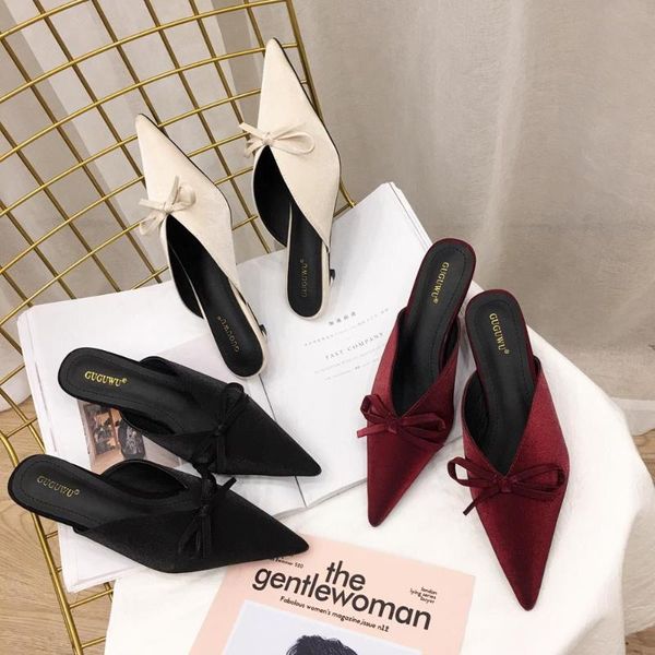 

slippers satin outside women 2021 summer bow design pointed toe sandals slides slip on mules shoes low heels, Black